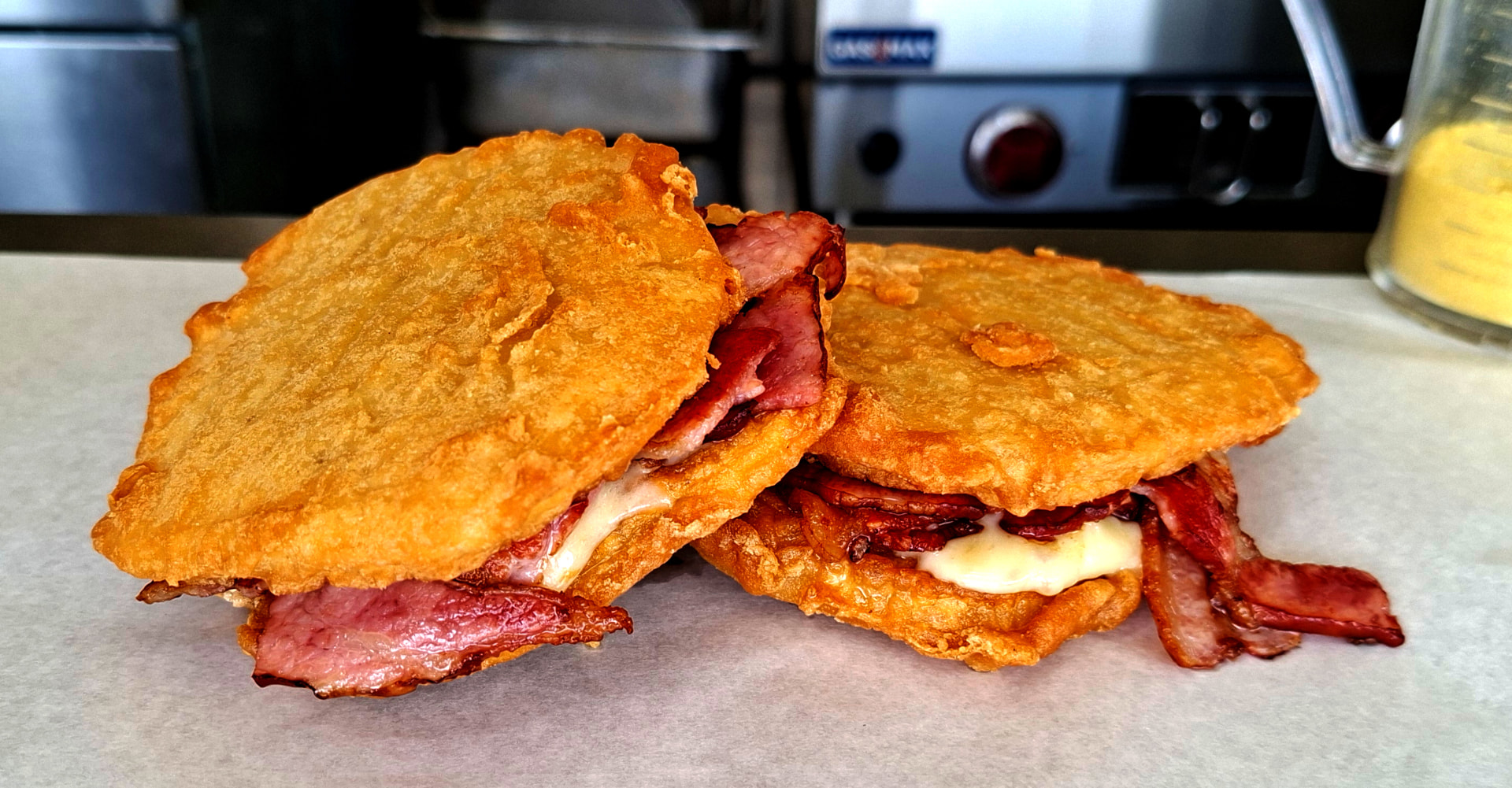 Bacon and cheese potato scallop sandwich